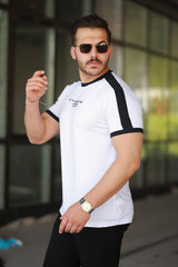 Erkek Bisiklet Yaka Şerit Detaylı Nakışlı %100 Pamuk Tişört - 2533