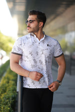 Erkek Beyaz Kahverengi Yaprak Desenli Slim Fit Polo Yaka Tişört - 2529