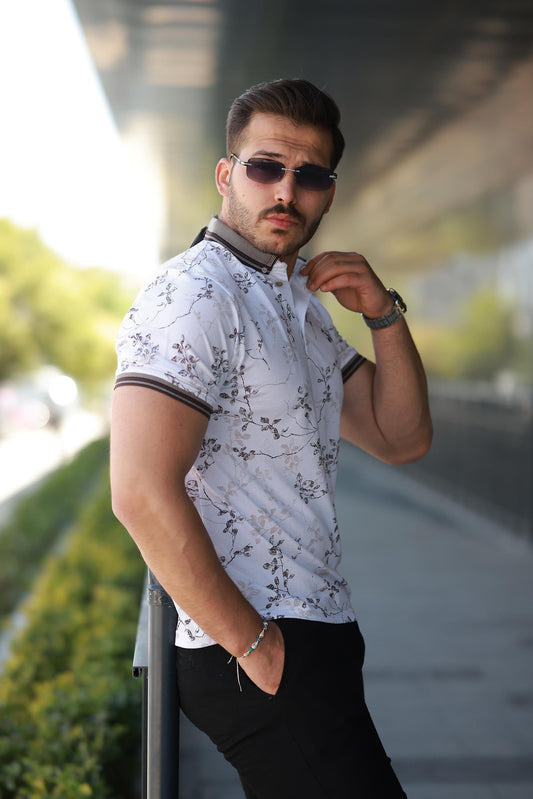 Erkek Beyaz Kahverengi Yaprak Desenli Slim Fit Polo Yaka Tişört - 2529