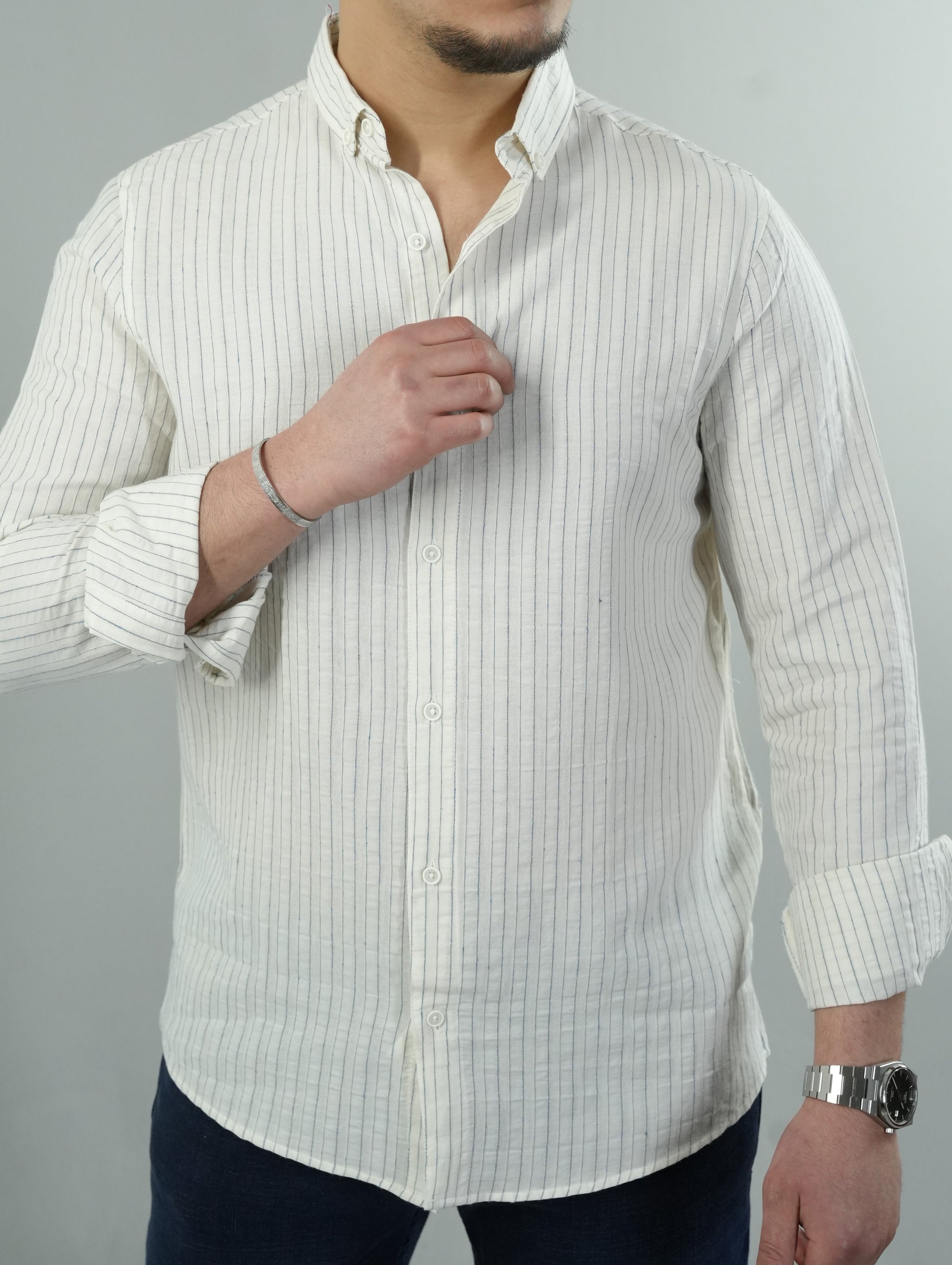 Erkek Çizgili Keten Dokulu Gömlek