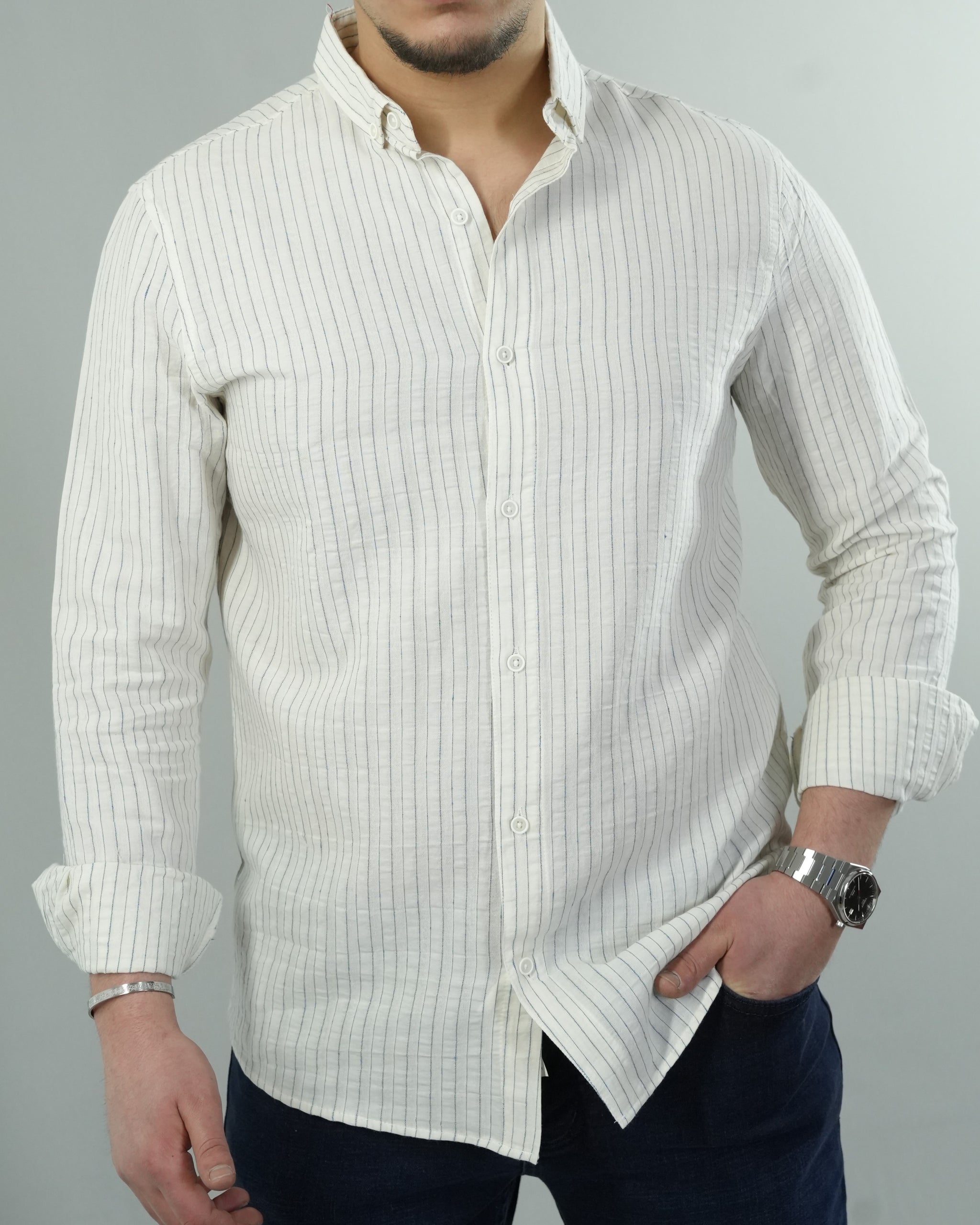 Erkek Çizgili Keten Dokulu Gömlek