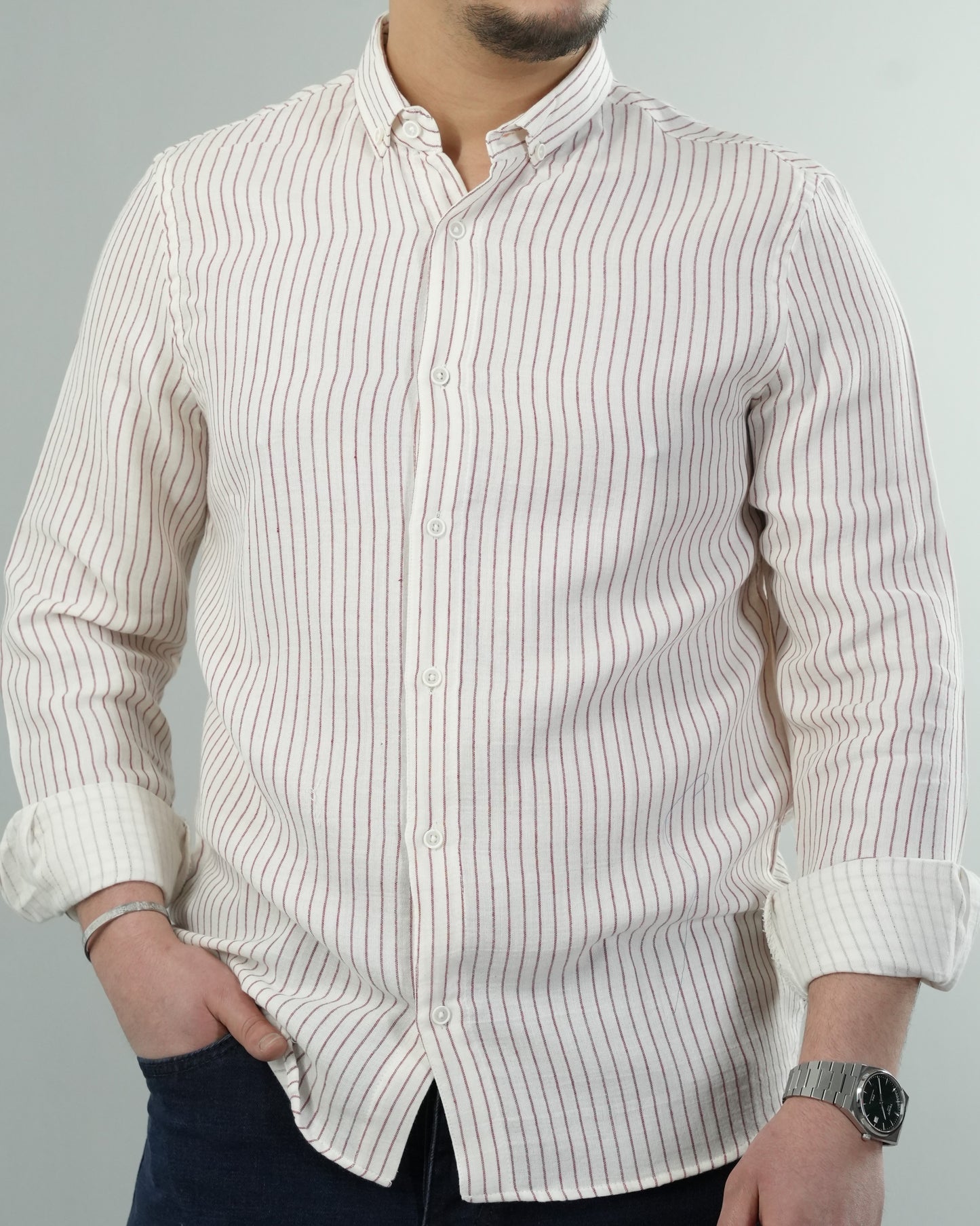 Erkek Çizgili Keten Dokulu Gömlek