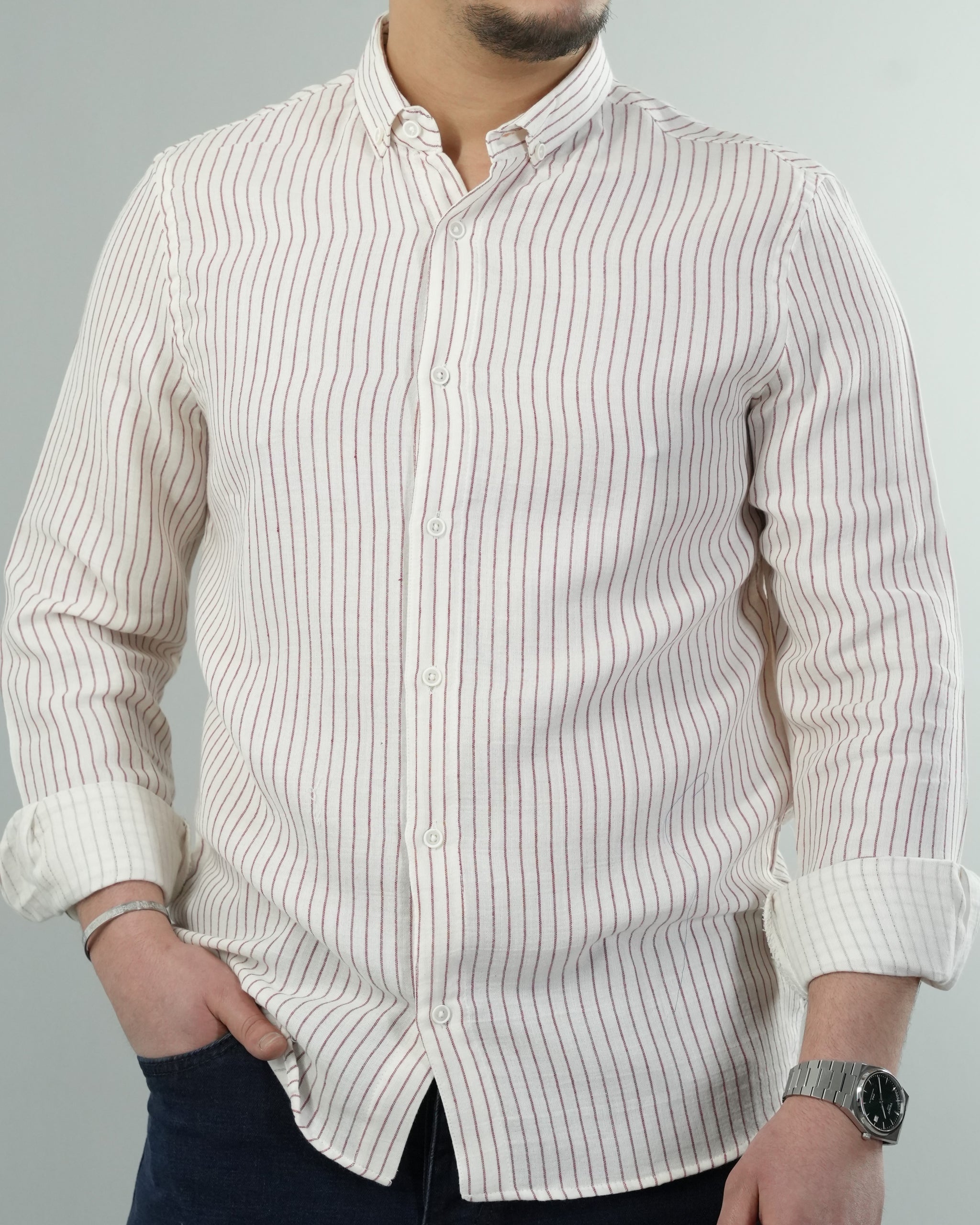 Erkek Çizgili Keten Dokulu Gömlek