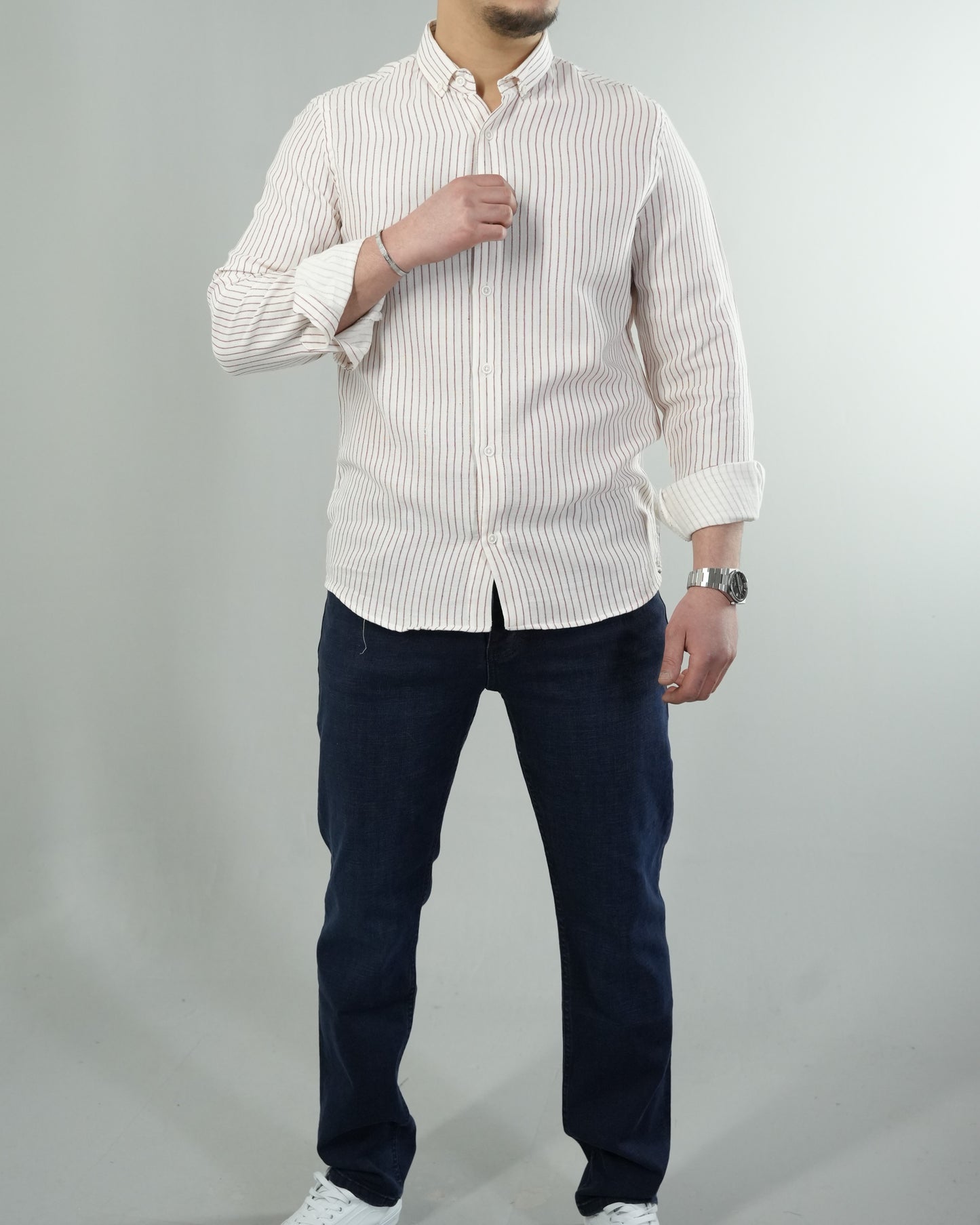 Erkek Çizgili Keten Dokulu Gömlek