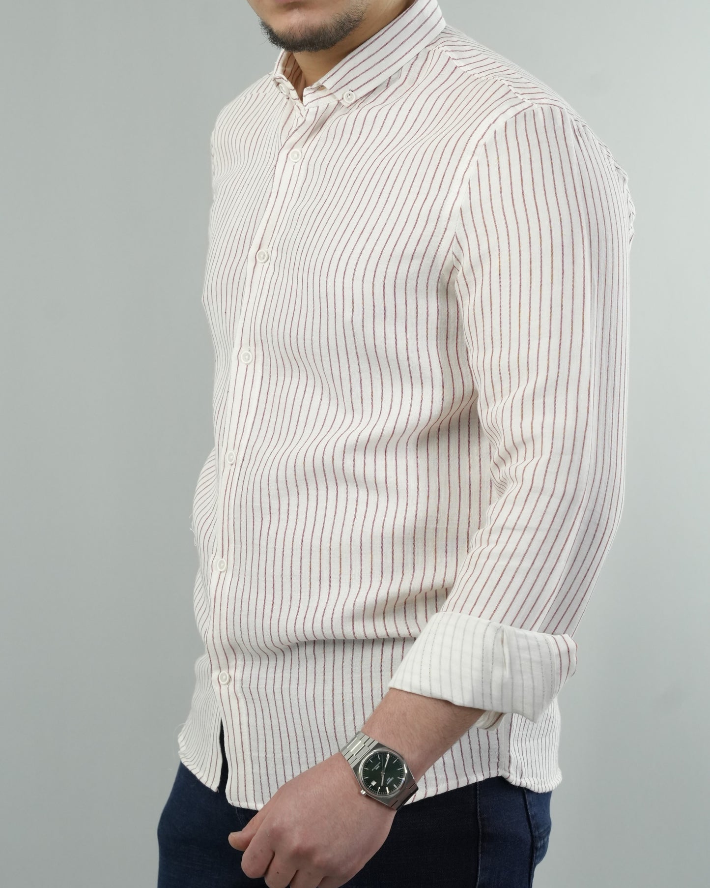 Erkek Çizgili Keten Dokulu Gömlek