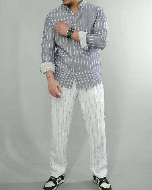 Erkek Gri Çizgili Keten Gömlek - MRN-G01