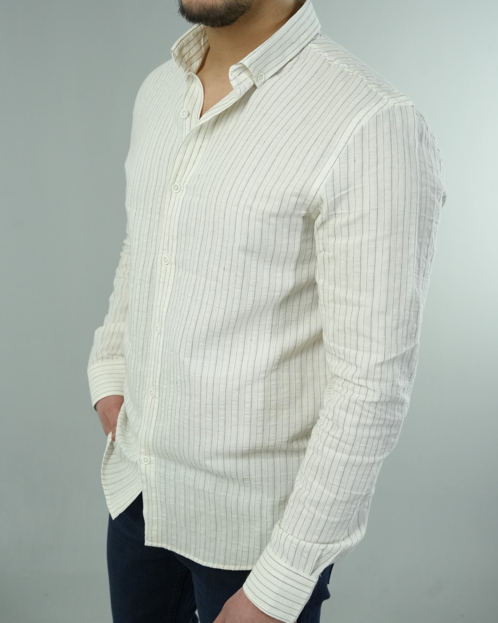 Erkek Çizgili Keten Dokulu Gömlek