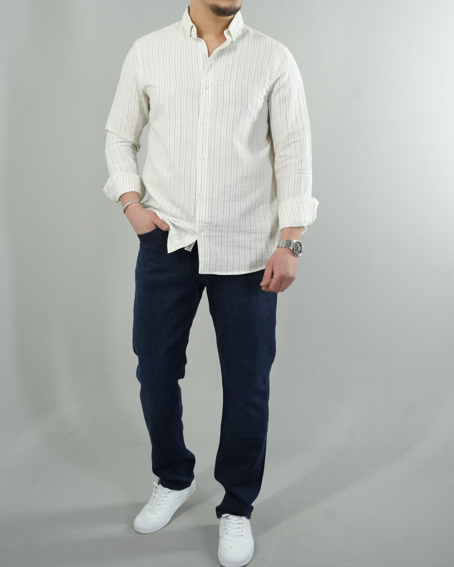Erkek Çizgili Keten Dokulu Gömlek