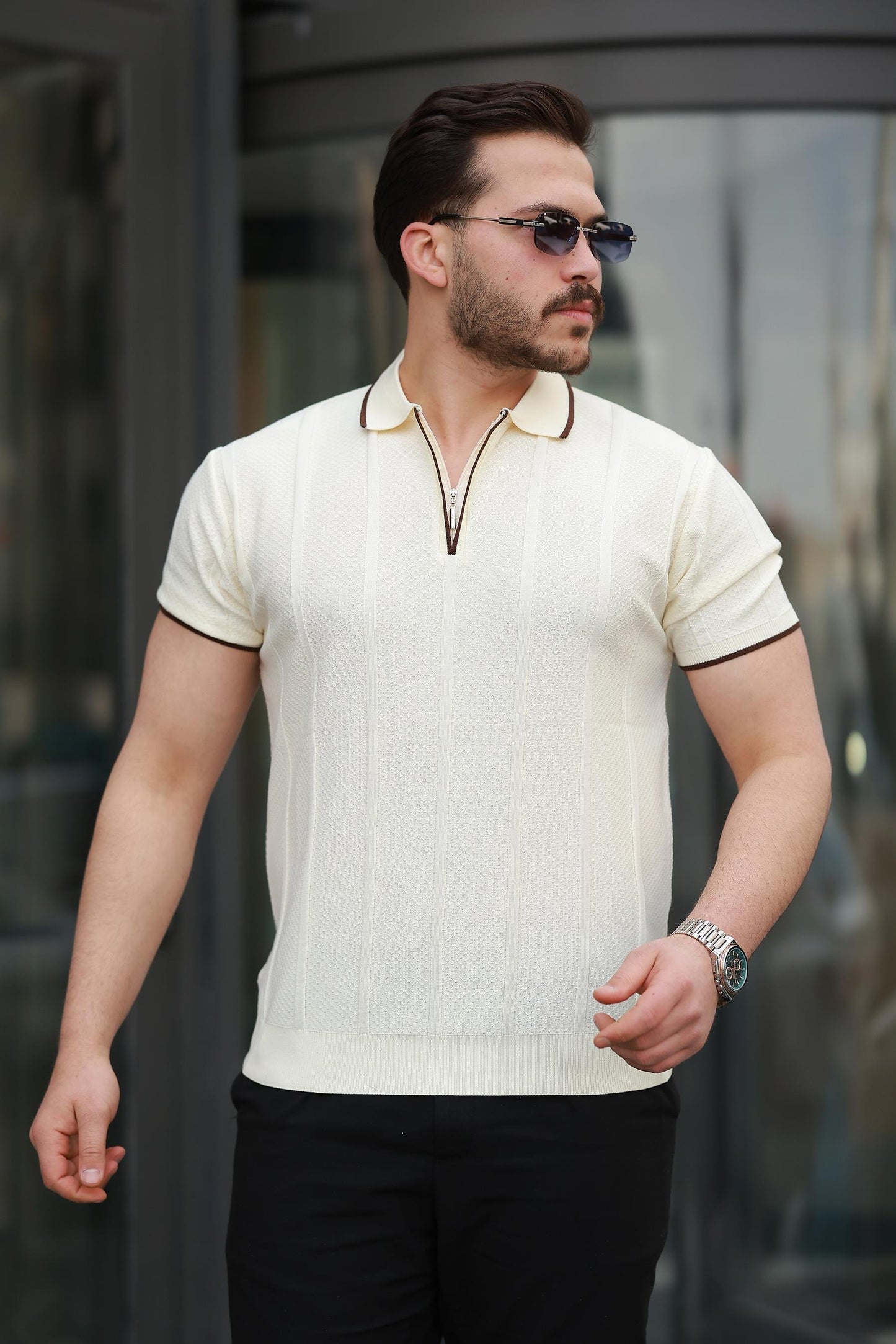 Miron Petek Dokulu Fermuarlı Polo Yaka Triko Kısa Kollu Tişört - 2511