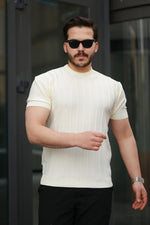 Miron Ekru Sıfır Yaka Kabartma Triko Kısa Kollu Tişört - 2430