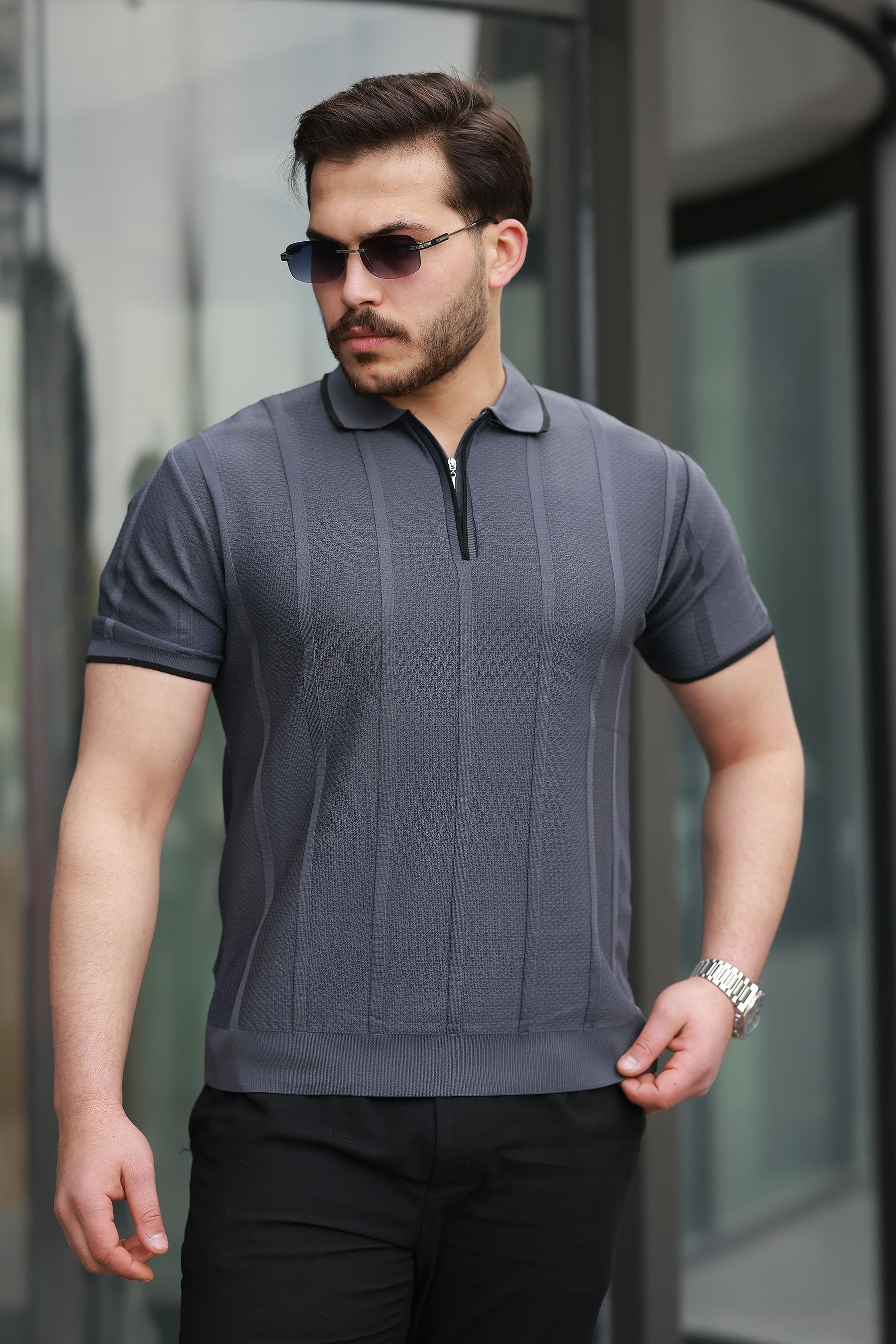 Miron Petek Dokulu Fermuarlı Polo Yaka Triko Kısa Kollu Tişört - 2511