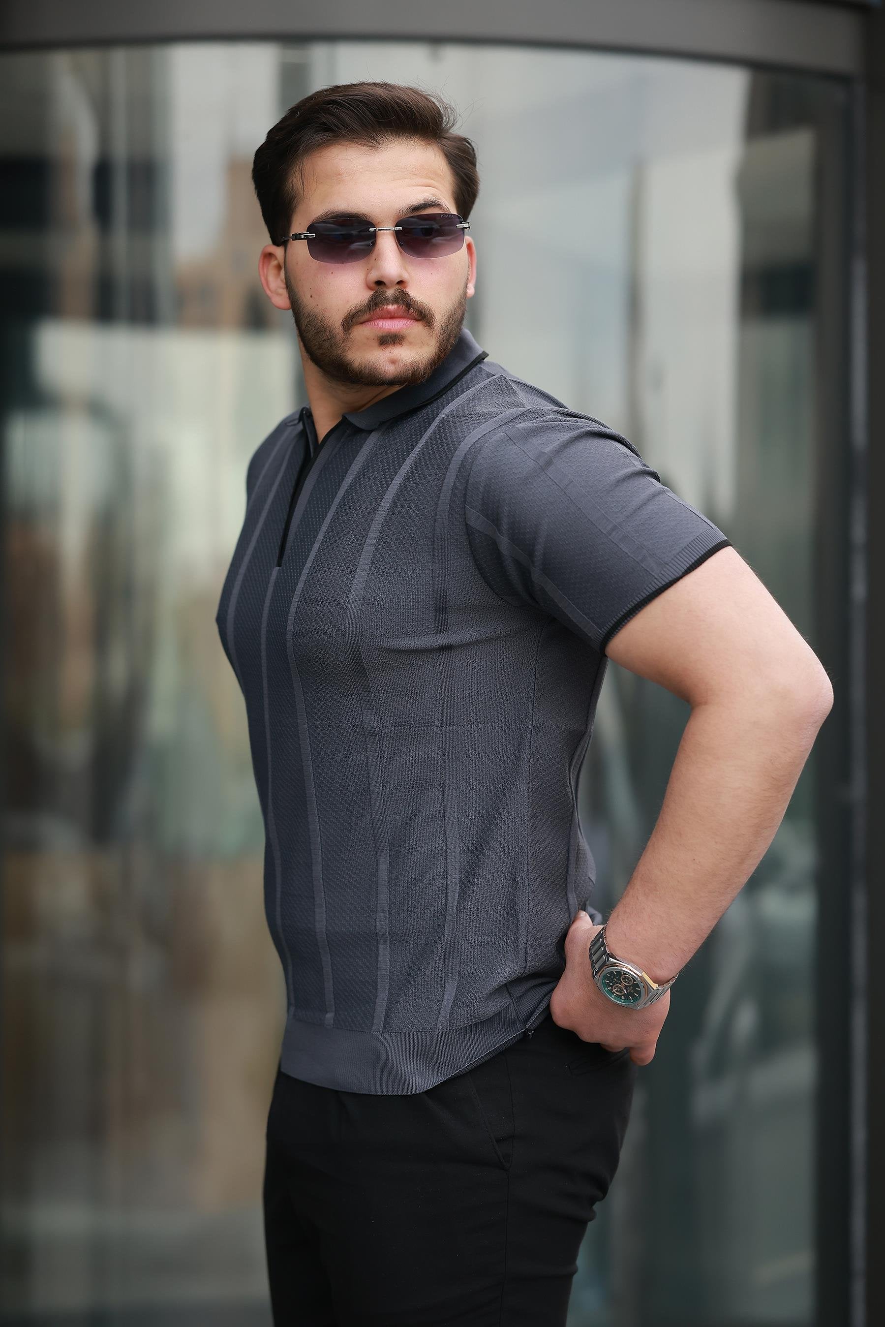 Miron Petek Dokulu Fermuarlı Polo Yaka Triko Kısa Kollu Tişört - 2511