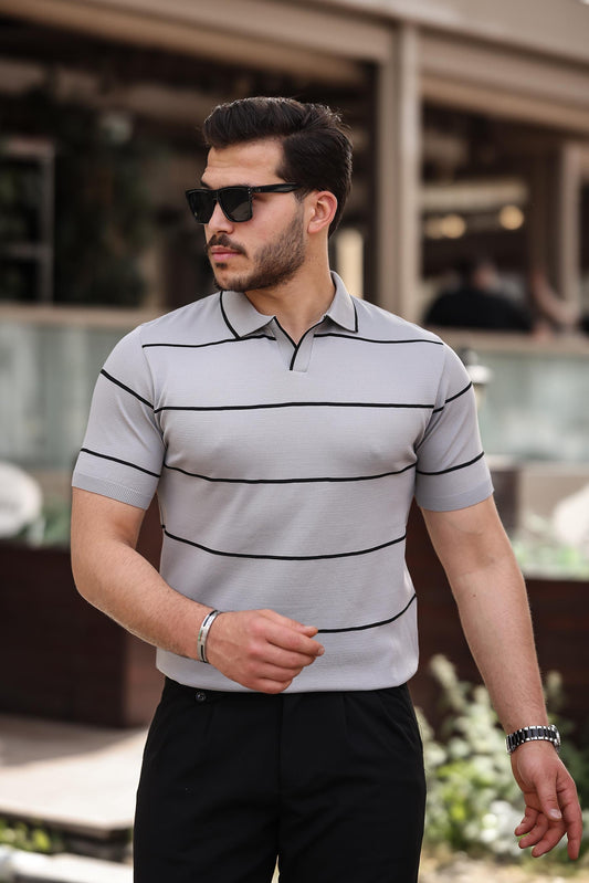 Miron Gri Çizgili Triko Polo Yaka Tişört - 2427
