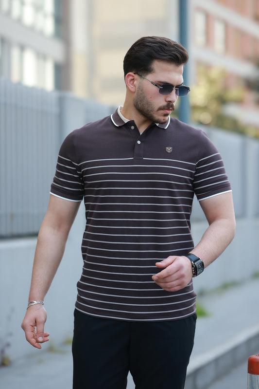 Miron Kahverengi Çizgili Polo Yaka Kısa Kollu Tişört - 2515