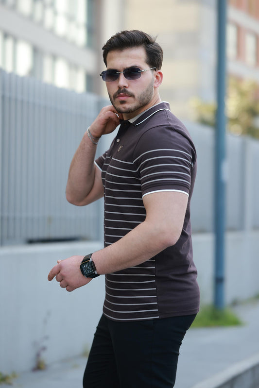 Miron Kahverengi Çizgili Polo Yaka Kısa Kollu Tişört - 2515