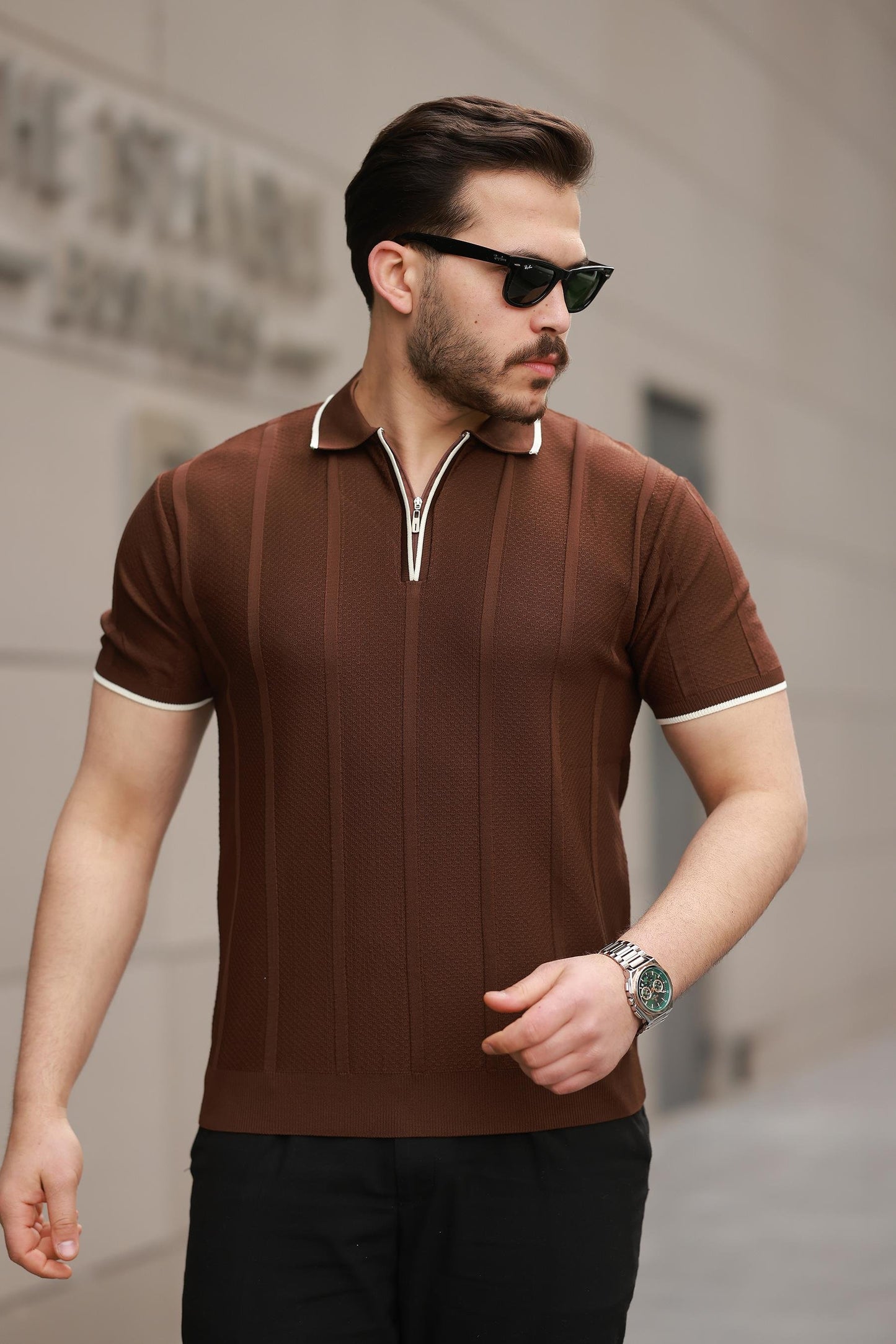 Miron Petek Dokulu Fermuarlı Polo Yaka Triko Kısa Kollu Tişört - 2511