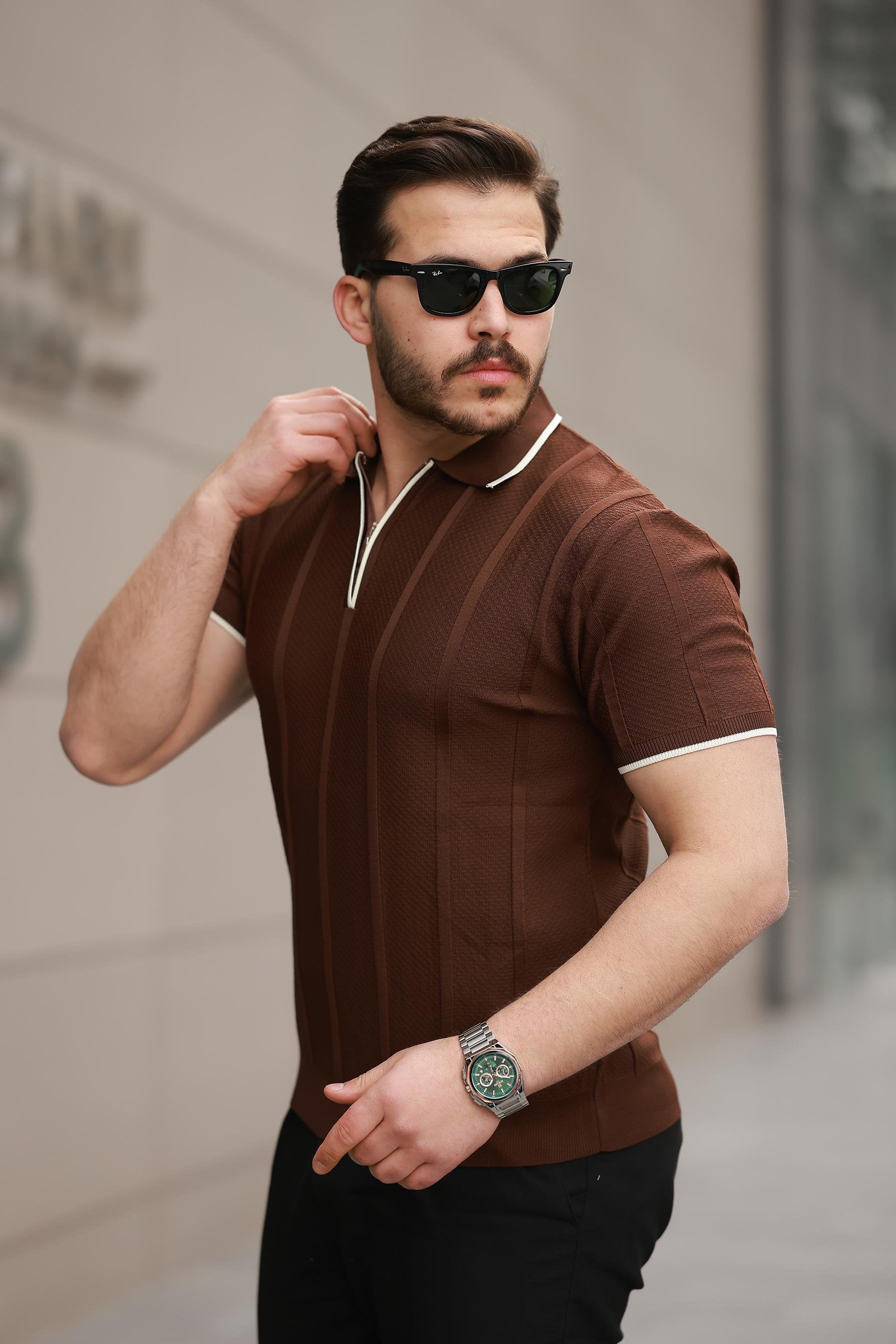 Miron Petek Dokulu Fermuarlı Polo Yaka Triko Kısa Kollu Tişört - 2511