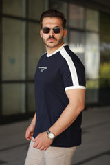 Erkek Bisiklet Yaka Şerit Detaylı Nakışlı %100 Pamuk Tişört - 2533