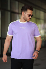 Erkek Bisiklet Yaka Şerit Detaylı Nakışlı %100 Pamuk Tişört - 2533