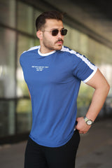 Erkek Bisiklet Yaka Şerit Detaylı Nakışlı %100 Pamuk Tişört - 2533