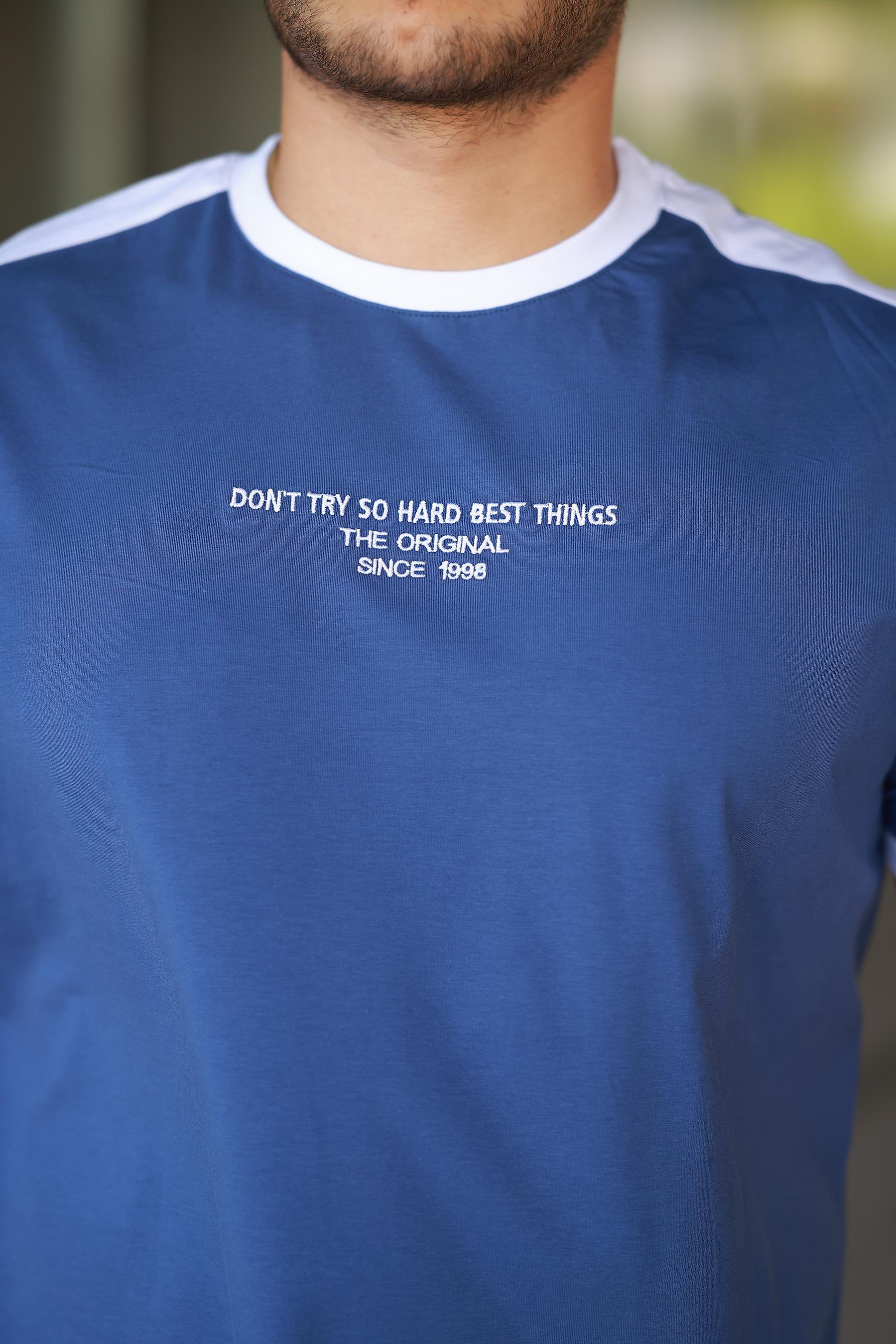 Erkek Bisiklet Yaka Şerit Detaylı Nakışlı %100 Pamuk Tişört - 2533