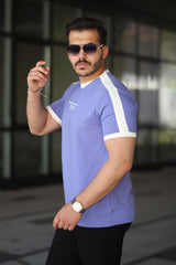 Erkek Bisiklet Yaka Şerit Detaylı Nakışlı %100 Pamuk Tişört - 2533