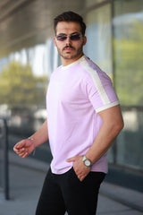 Erkek Bisiklet Yaka Şerit Detaylı Nakışlı %100 Pamuk Tişört - 2533