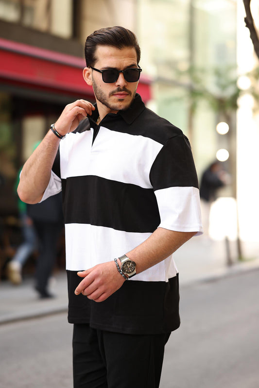 Miron Polo Yaka Blok Parçalı Oversize Tişört - 2410