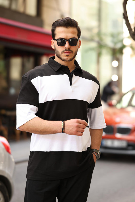 Miron Polo Yaka Blok Parçalı Oversize Tişört - 2410