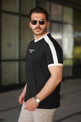 Erkek Bisiklet Yaka Şerit Detaylı Nakışlı %100 Pamuk Tişört - 2533