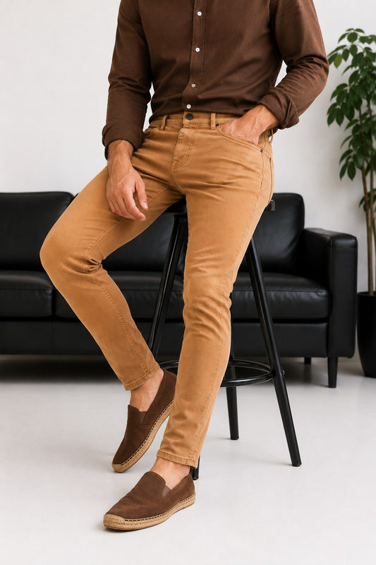 Erkek Kamel Slim Fit Likralı Gabardin Pantolon - MRN2690