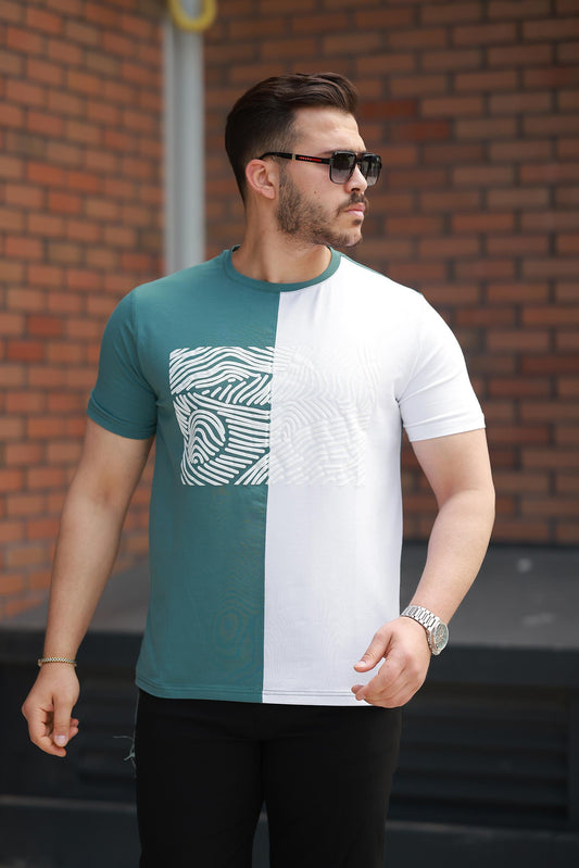 Miron Yeşil Beyaz Çizgi Baskılı Regular Fit Sıfır Yaka Kısa Kollu Tişört - 2522