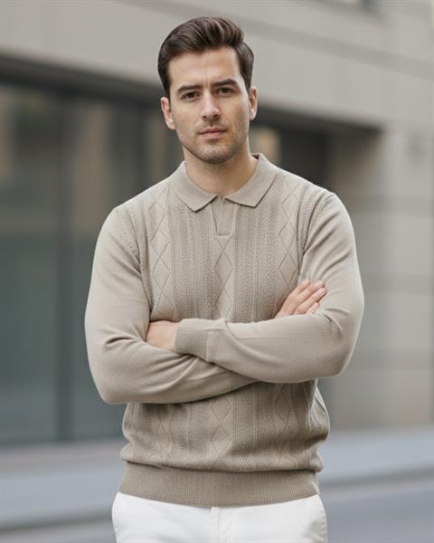 Erkek Bej Polo Yaka Desenli Triko Kazak - 2538