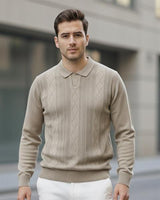 Erkek Bej Polo Yaka Desenli Triko Kazak - 2538