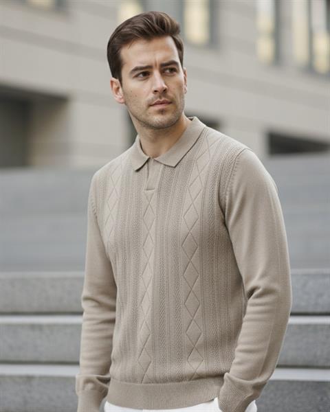 Erkek Bej Polo Yaka Desenli Triko Kazak - 2538