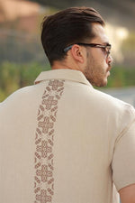 Erkek Bej Sırtı Desen Detaylı Keten Gömlek - Kısa Kollu - 2535