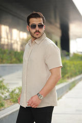 Erkek Bej Sırtı Desen Detaylı Keten Gömlek - Kısa Kollu - 2535