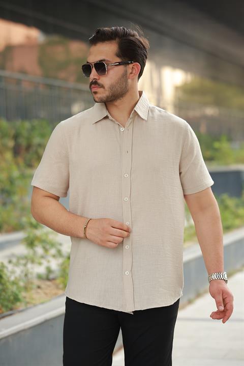 Erkek Bej Sırtı Desen Detaylı Keten Gömlek - Kısa Kollu - 2535
