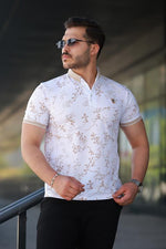 Erkek Beyaz Bej Yaprak Desenli Slim Fit Polo Yaka Tişört - 2529