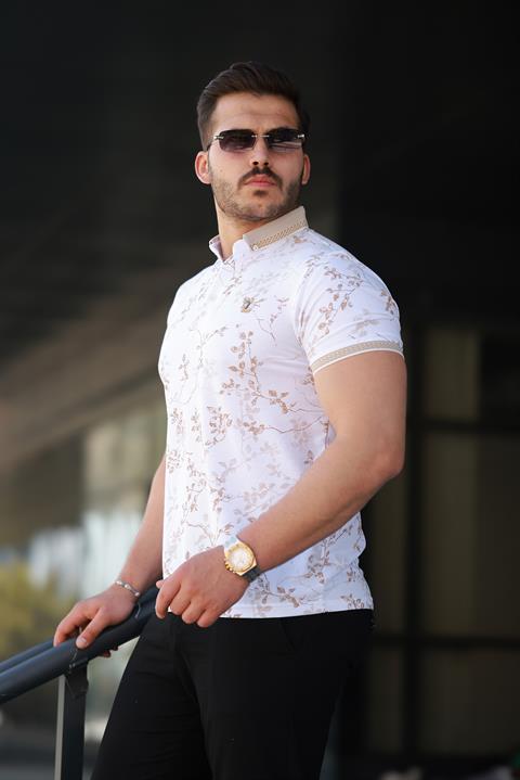 Erkek Beyaz Bej Yaprak Desenli Slim Fit Polo Yaka Tişört - 2529