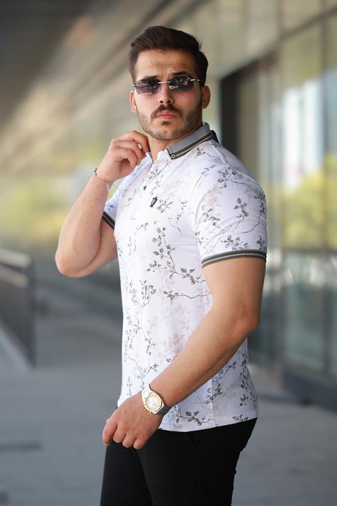 Erkek Beyaz Haki Yaprak Desenli Slim Fit Polo Yaka Tişört - 2529
