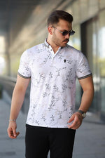 Erkek Beyaz Haki Yaprak Desenli Slim Fit Polo Yaka Tişört - 2529