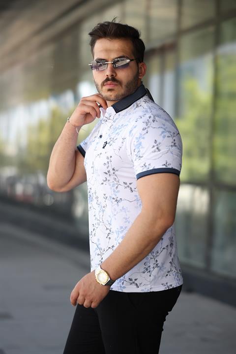 Erkek Beyaz Mavi Yaprak Desenli Slim Fit Polo Yaka Tişört - 2529