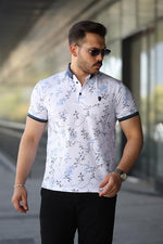 Erkek Beyaz Mavi Yaprak Desenli Slim Fit Polo Yaka Tişört - 2529