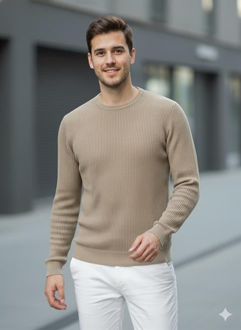 Erkek Bisiklet Yaka Bej Triko Kazak - 2537