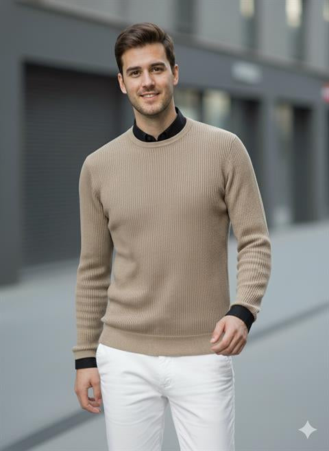 Erkek Bisiklet Yaka Bej Triko Kazak - 2537