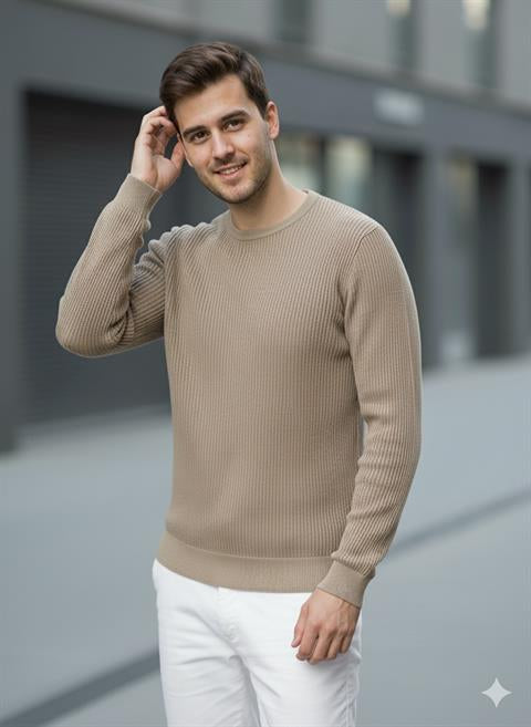 Erkek Bisiklet Yaka Bej Triko Kazak - 2537