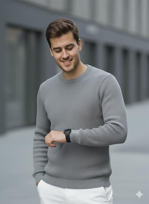 Erkek Bisiklet Yaka Gri Triko Kazak - 2537