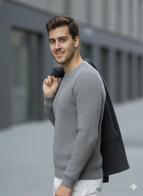 Erkek Bisiklet Yaka Gri Triko Kazak - 2537