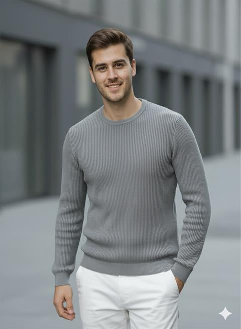 Erkek Bisiklet Yaka Gri Triko Kazak - 2537